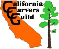A logo featuring an orange silhouette of the state of California next to a tall green Sequoia tree with a brown trunk, accompanied by the black text "California Carvers Guild".
